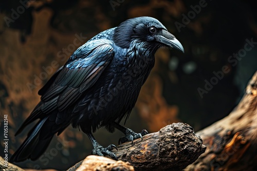 Beautiful of Carrion Crow standing on old log on the forest AI Generative