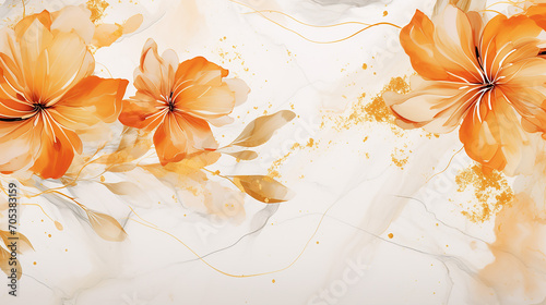 floral background with marble pattern. Watercolor Coral background with elements of gold splashes. Great for backgrounds, websites, postcards, invitations, banners, brochures, brochures