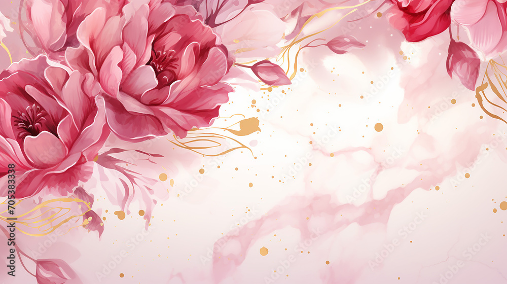 Watercolor Rose Pink background with elements of gold splashes. Great for backgrounds, websites, postcards, invitations, banners, brochures, brochures. floral background with marble pattern