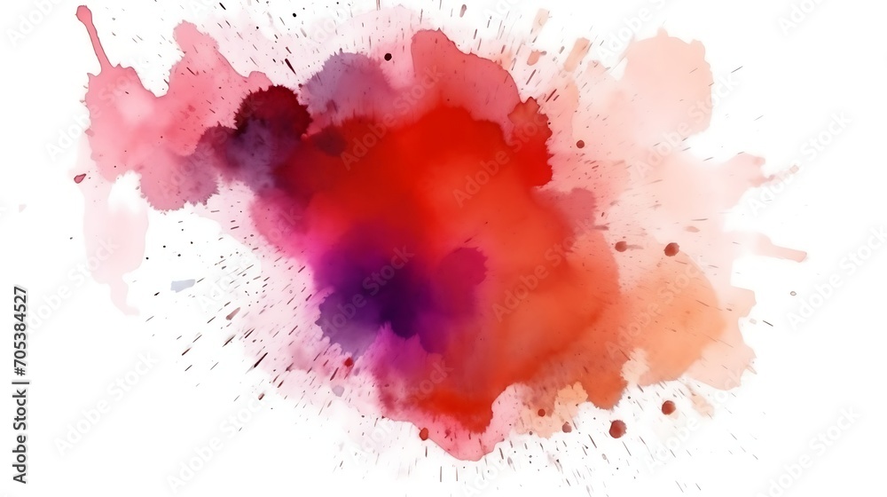 Abstract watercolor composition of ink splatters in blocks formed by red and purple hues isolated on white background. Brush stroked painting.