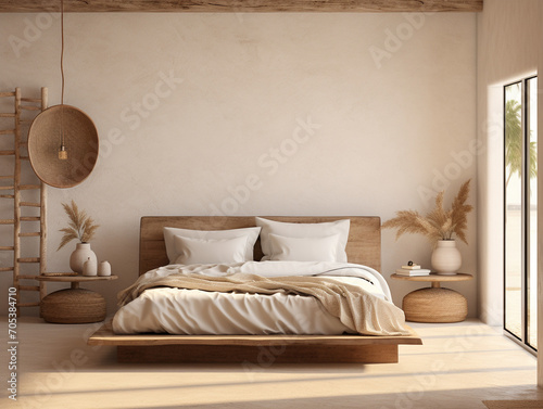 Rustic Charm and Elegance: Bedroom Farmhouse Interior Design Style featuring natural elements, shaped canvas art, warm color palette, detailed minimalistic composition, and eco-friendly craftsmanship 