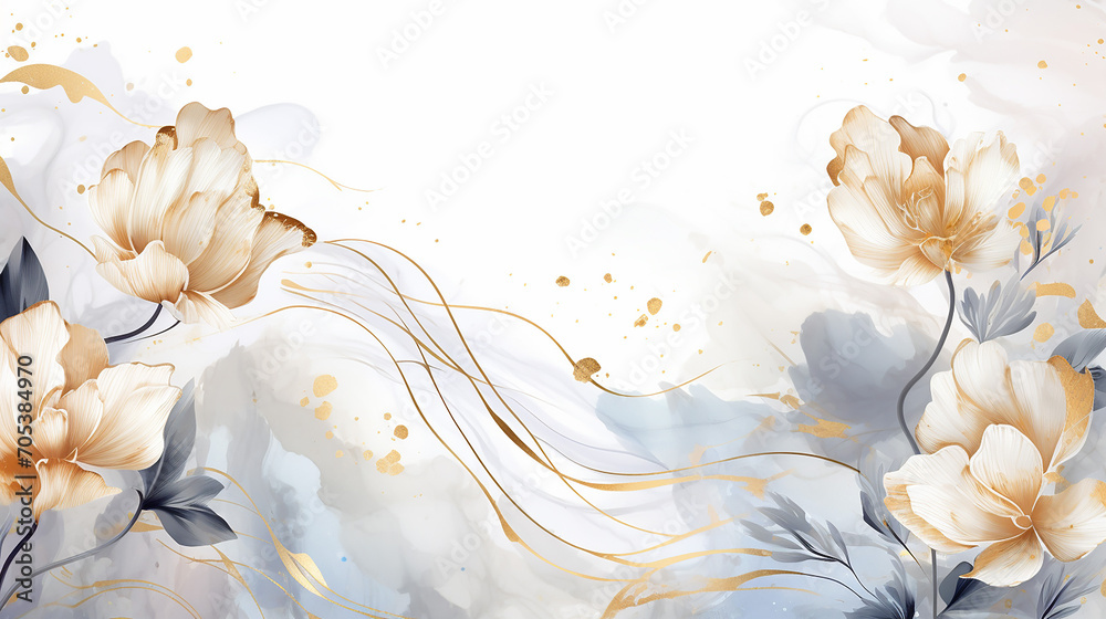 Watercolor white grey background with elements of gold splashes. Great for backgrounds, websites, postcards, invitations, banners, brochures, brochures. floral background with marble pattern