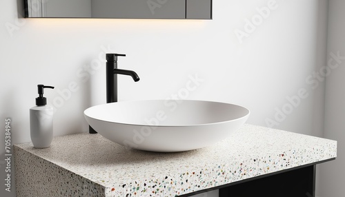 Modern Bathroom with Terrazzo Counter and White Sink photo