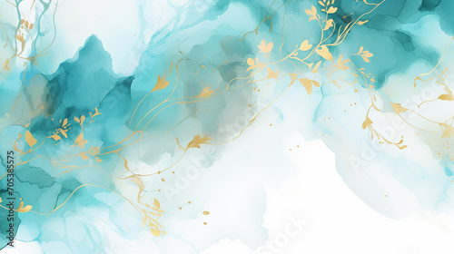 Watercolor Turquoise background with elements of gold splashes. Great for backgrounds, websites, postcards, invitations, banners, brochures, brochures. floral background with marble pattern © Aura