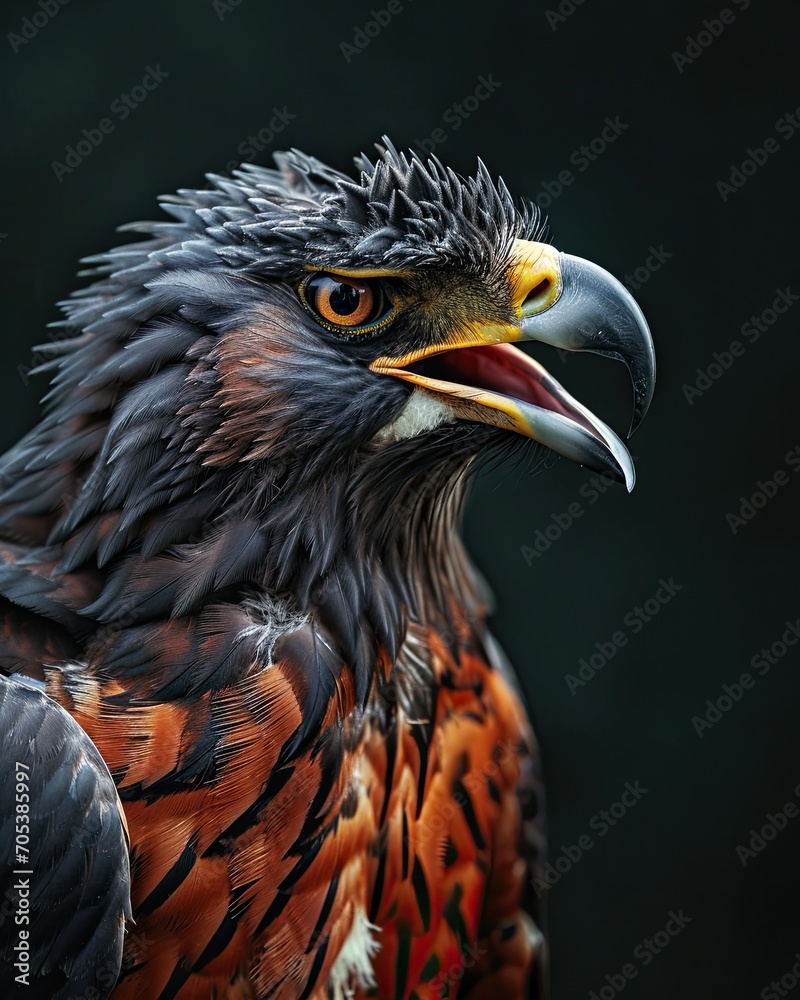 Fototapeta premium Angry pose of Crested Serpent Eagle on the dark background AI Generative