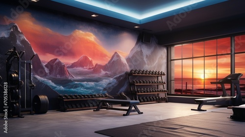A dynamic home gym with a 3D wall mockup exhibiting motivational fitness-themed graphics. photo