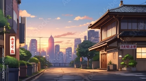 A beautiful Japanese town in the evening. houses on the street.