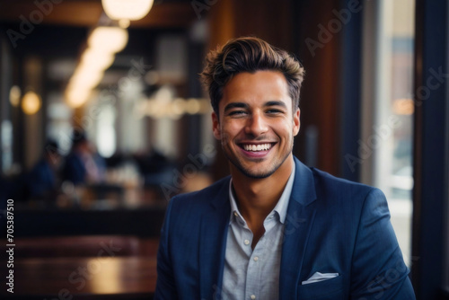 A Smiling Man in a restaurant wearing a Business Suit, AI Generative