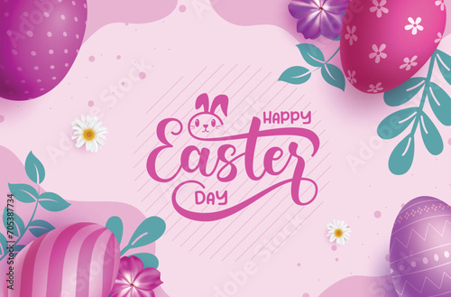 Happy easter text vector background design. Happy easter greeting card with purple eggs and flowers for holiday background. Vector illustration easter egg violet greeting card. 
