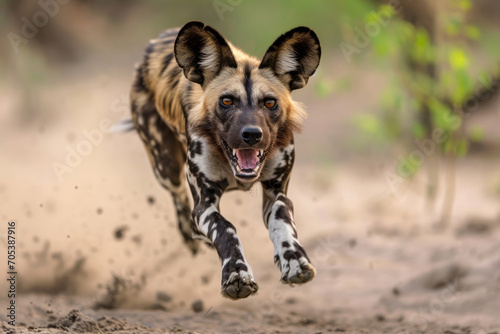 The funny antics of an African Wild Dog engaging in canine capers photo