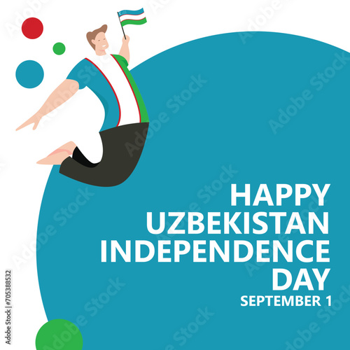 Uzbekistan independence day vector illustration with a man jumping and holding the national flag. Central Asian country public holiday celebrated annually on September 1.
