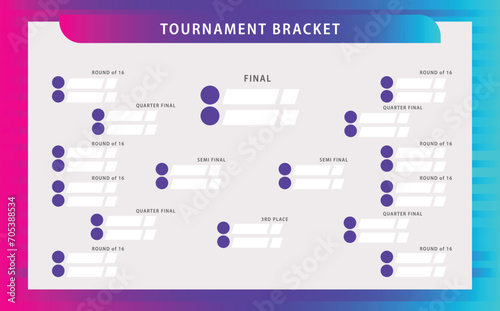 Gradient magenta and blue colored vector tournament bracket. Simple black and white knocked-off stages. Suitable for football, badminton, basketball, and other sports.