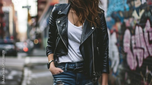 Channel your inner biker babe with a matte black leather jacket, crisp white tee, and ripped boyfriend jeans. photo