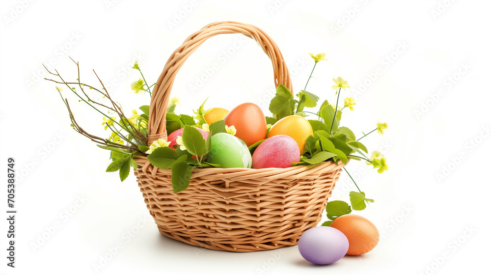 Easter basket with easter eggs and flowers on a white background Easter basket with easter eggs and flowers on a white background