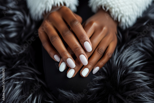 Hand of a black woman posing with white nail polish, to nail salon advertisement photo