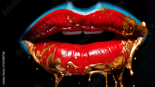 Colorful female lips with paint leaks and drops