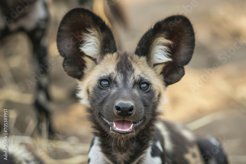 A funny African Wild Dog pup, part of a playful parade