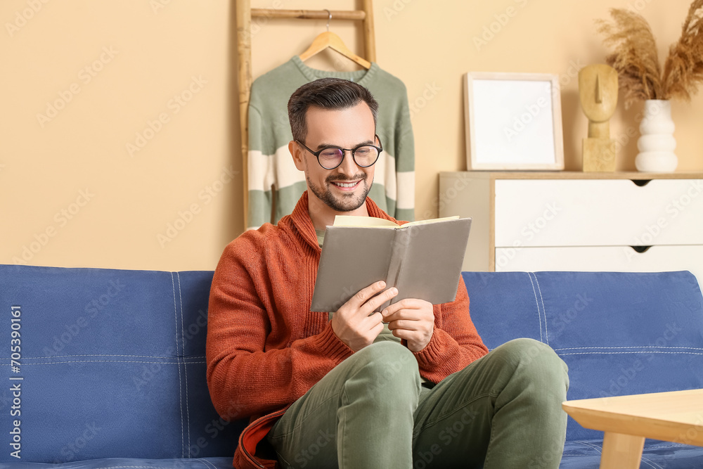 Handsome man reading book on sofa in living room Handsome man reading book on sofa in living room