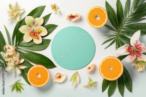 A taste of summer paradise. Top view flat lay of alstroemeria flowers with citrus slices and palm leaves on a white background with an empty teal circle for text, Generative AI  photo
