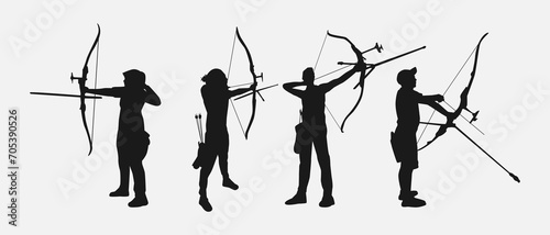 set of silhouettes of archery athletes with different poses, gestures. isolated on white background. vector illustration.