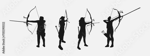 set of silhouettes of archery athletes with different poses, gestures. isolated on white background. vector illustration. photo
