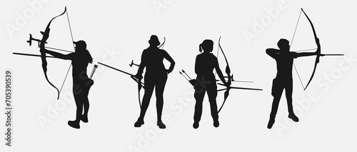 set of silhouettes of archery athletes with different poses, gestures. isolated on white background. vector illustration.