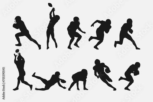 set of silhouettes of american football player with different pose, gesture. isolated on white background. vector illustration.