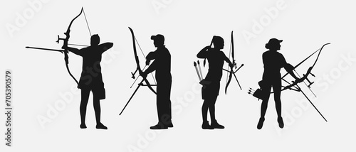 set of silhouettes of archery athletes with different poses, gestures. isolated on white background. vector illustration.
