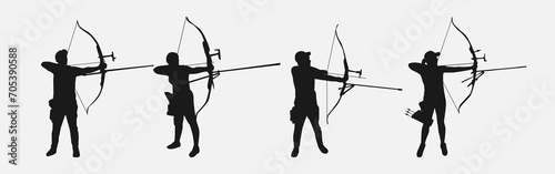 set of silhouettes of archery athletes with different poses, gestures. isolated on white background. vector illustration. photo
