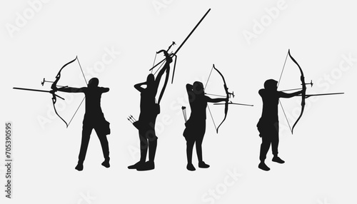 set of silhouettes of archery athletes with different poses, gestures. isolated on white background. vector illustration.