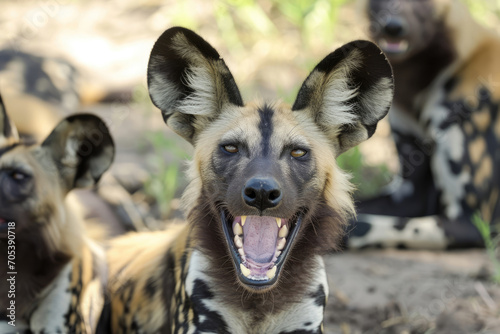 A moment of pure laughter among a group of funny African Wild Dogs