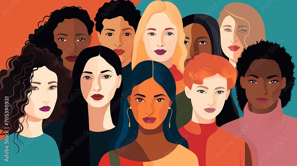 A group portrait of diverse women smiling from different races and colors, DEI concept background, celebrating international women's day with Diversity Equity Inclusion A group portrait of diverse women smiling from different races and colors, DEI concept background, celebrating international women's day with Diversity Equity Inclusion