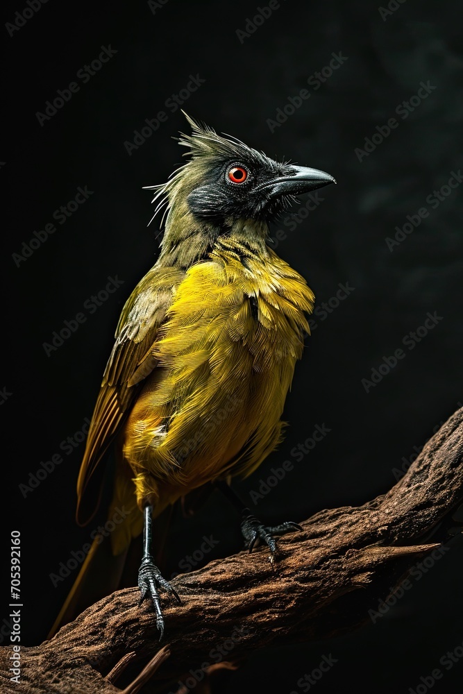 Fototapeta premium Majestic of Flavescent Bulbul standing on old log AI Generative