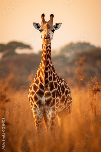 Giraffe in the savanna at sunset. Safari in Africa © Obsidian