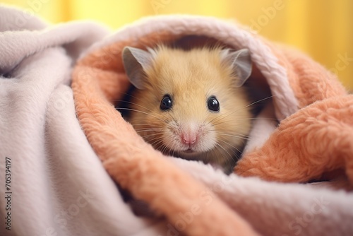 Cute little hamster in soft blanket on bed, closeup