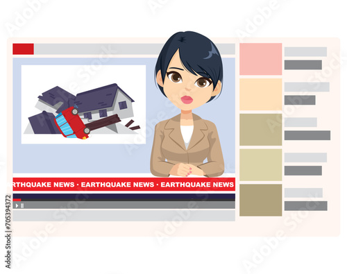 Female online newscaster talking about accident after earthquake news vector cartoon illustration. Online news disaster consequence concept 