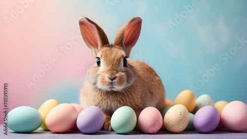 Cute bunny next to easter colorful eggs over pastel background,circular frame Easter eggs in a variety of colors on white blank paper on a brown background; close-up; text space; design blank
