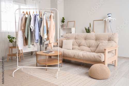 Interior of living room with clothes rack, steamer and sofa © Pixel-Shot