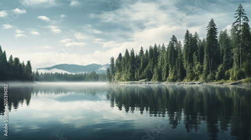 an image of a serene lake reflecting the surrounding forest in its calm waters © Wajid