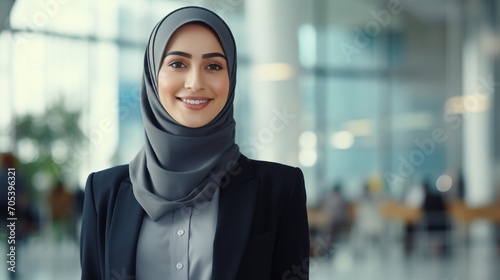 Portrait of a woman in a suit wears hijab