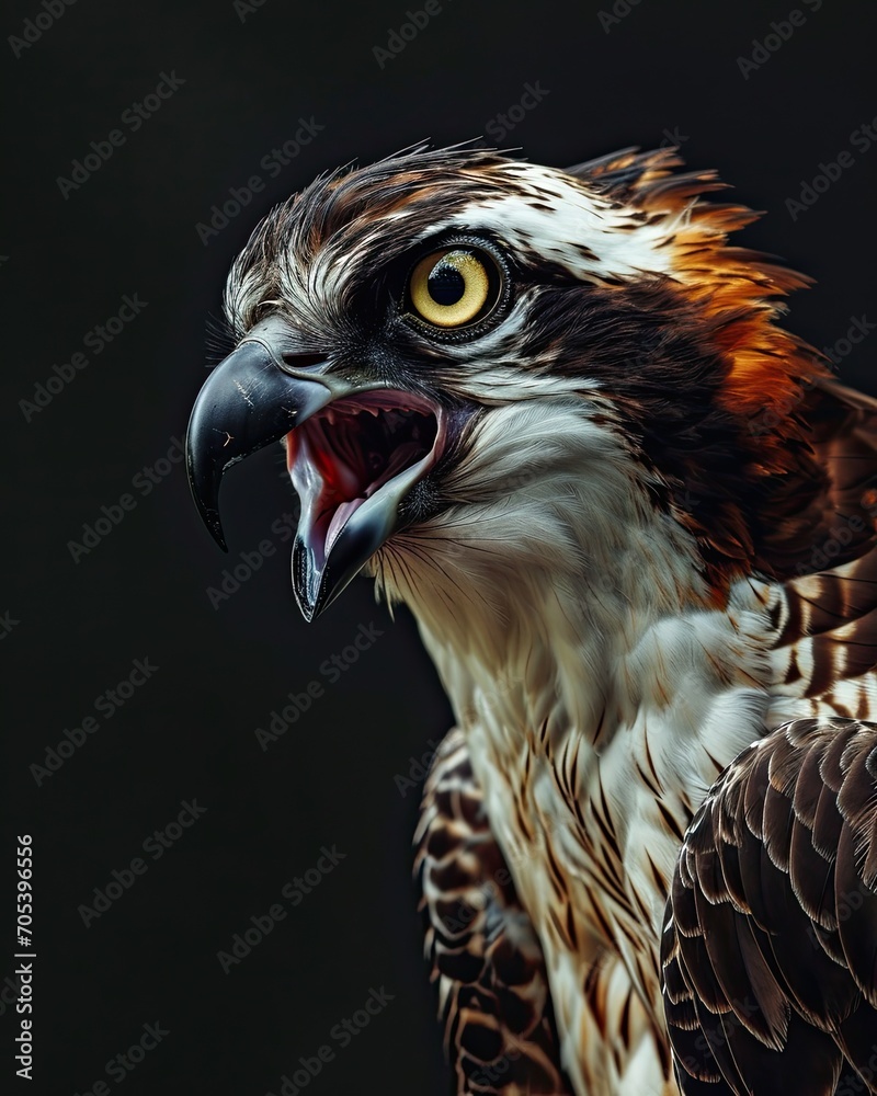 Fototapeta premium Angry of Osprey isolated on black AI Generative