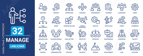 Manage icon set. Containing management, project, supervision, leadership, admin, teamwork, planning, manager and more. Outline vector icons collection. photo