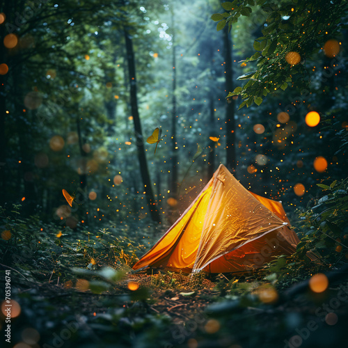 a bright orange tent set up in a lush green forest, high speed continuous shooting, with firefly and insect, night, cyberpunk