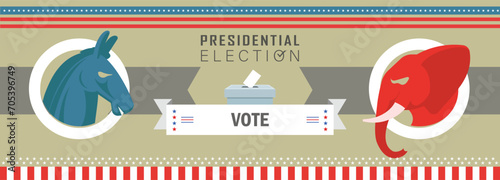 US Presidential Election Banner Background for year 2024. American Election campaign between democrats and republicans. Electoral symbols of both political parties. United States of America USA Flag.