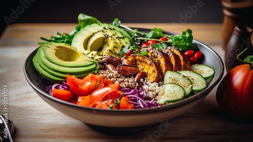 an image showcasing a vibrant Buddha Bowl filled with colorful quinoa, roasted vegetables, and avocado slice