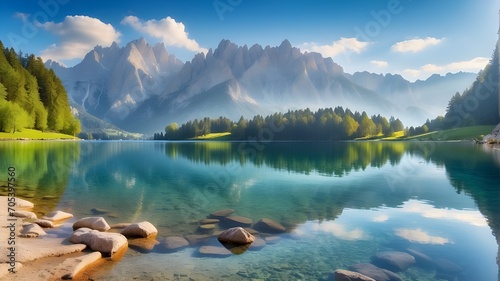a vibrant summertime scene of Fusine Lake. Beautiful early-morning view of the Julian Alps in the Province of Udine, Italy, with the Mangart peak in the distance. Background of the traveling notionf