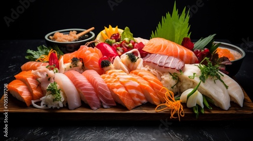 an image showcasing the exquisite colors and textures of a sushi platter with assorted sashimi