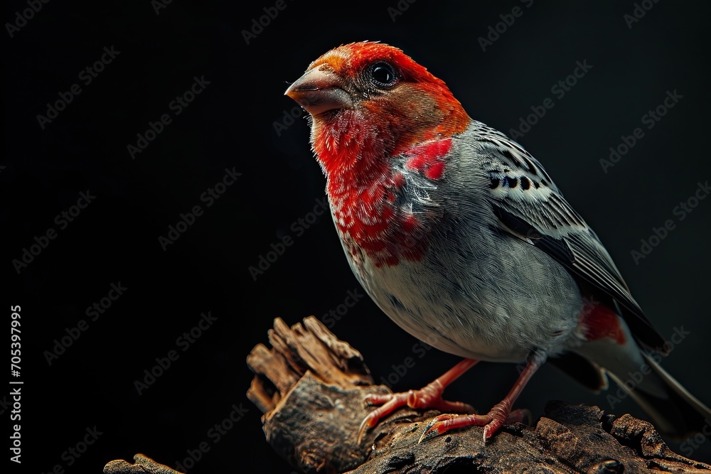 Portrait of Red-headed Finch standing on small root isolated on black AI Generative Portrait of Red-headed Finch standing on small root isolated on black AI Generative