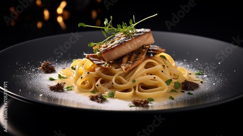 an image showcasing the opulence of a decadent foie gras and truffle-infused pasta dish