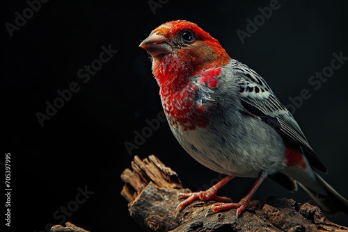 Portrait of Red-headed Finch standing on small root isolated on black AI Generative